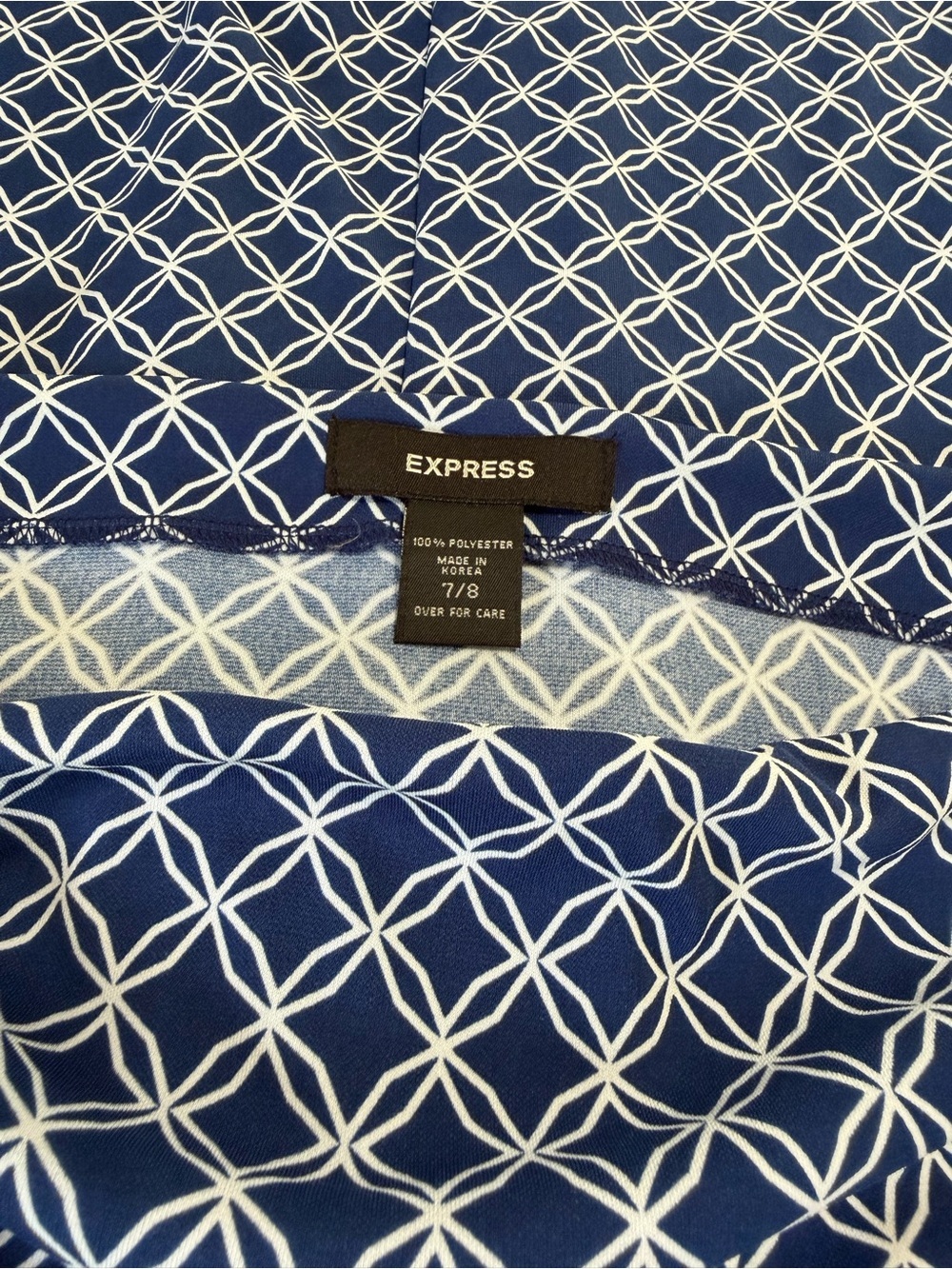 Y2K Express Blue Geometric Cowl Neck Dress Office fit &flare Grandmillennial 7/8 - Picture 4 of 7